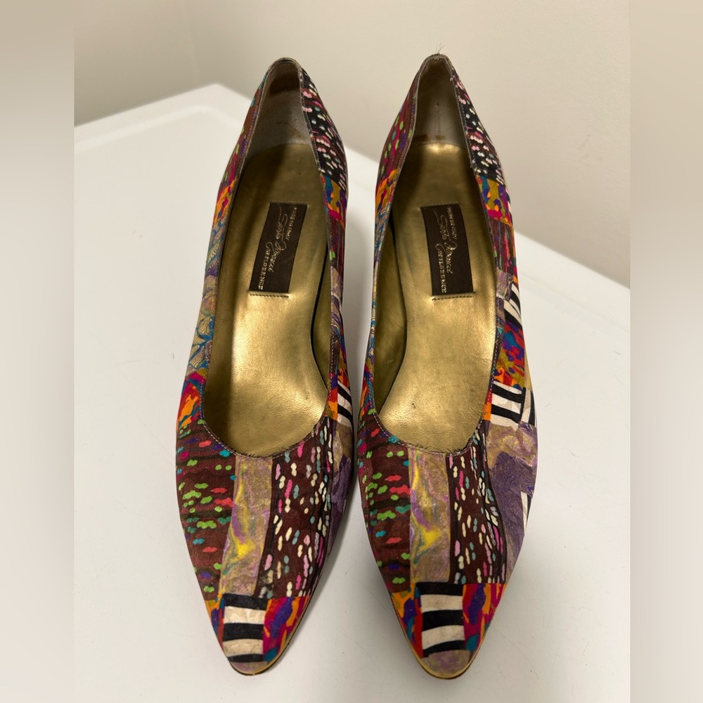 Sesto Meucci Artsy Silk Heels Brown Green Multi Size 8 N Narrow - Picture 3 of 13